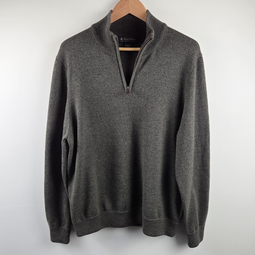 Brooks Brothers Sweater Mens Large Green Pullover 1/4 Zip 100% Merino Wool
